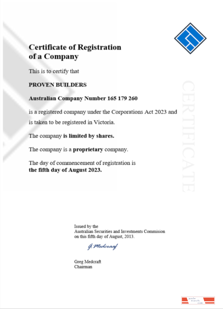 Australia certificate of registration Word and PDF template